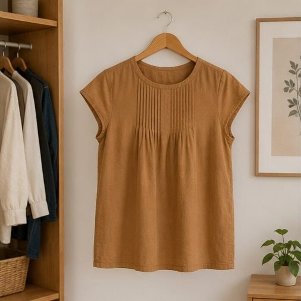 Camel Pintuck Yoke Blouse